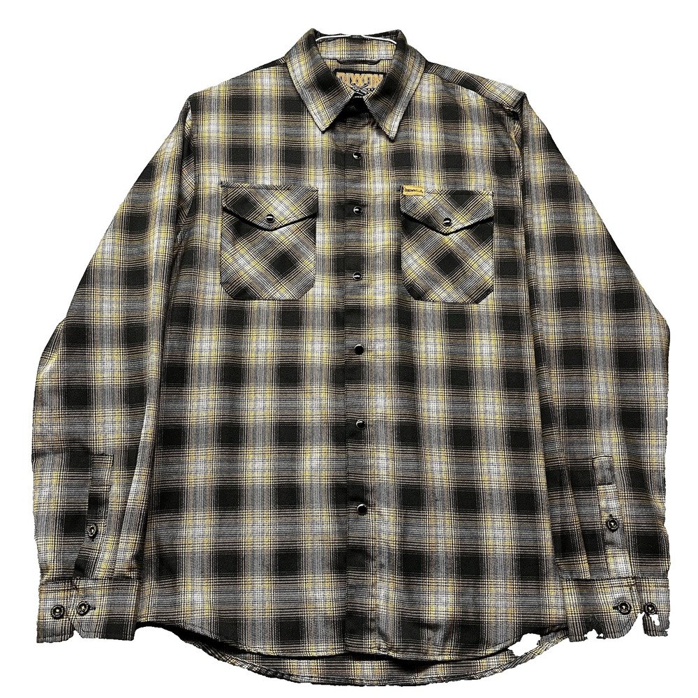 Dixxon Flannel Brownells Big Iron Mens Shirt M Black Yellow Plaid Pearl Snap